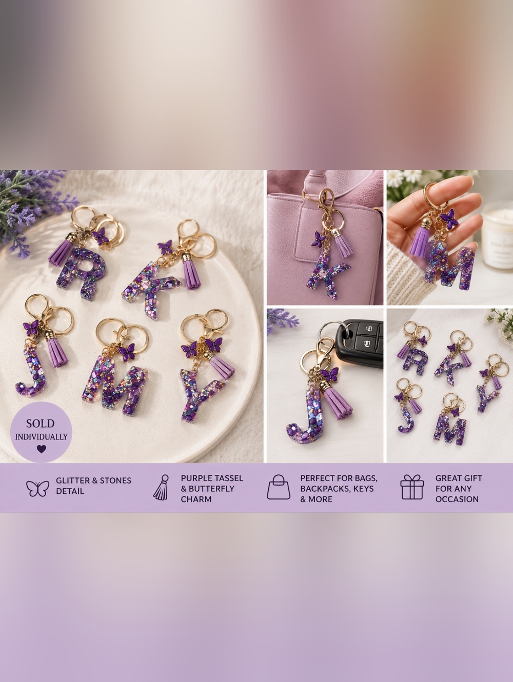 Initial Butterfly KeychainWith glitter and stones Pendant bag charms New